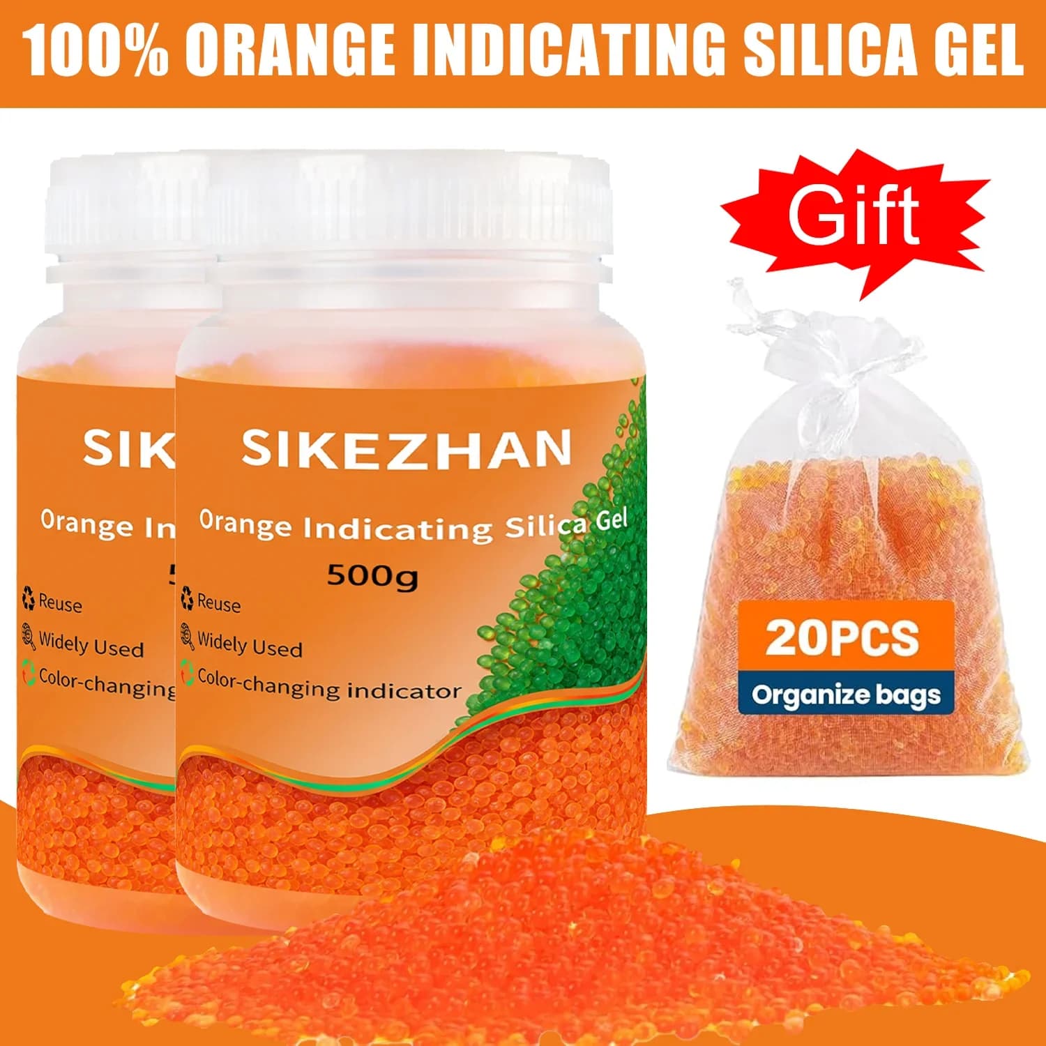 Indikatorski silikagel za sušenje 1000g, modre/oranžne kroglice za vpijanje vlage z 20 vrečkami za shranjevanje